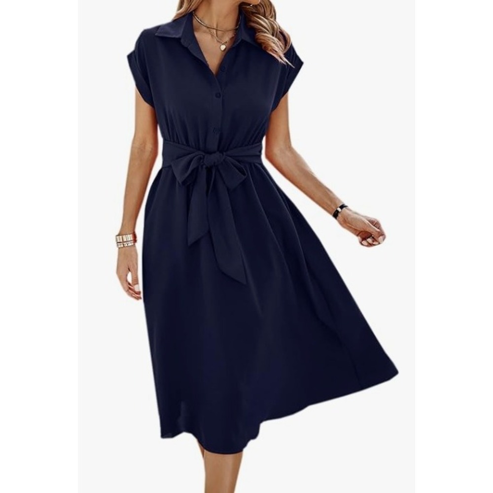 Midi Dress Casual V Neck Short Sleeve Button Shirt (Missing Belt) M Navy Blue